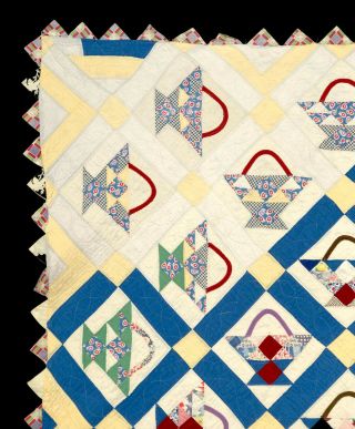 Antique BASKET Quilt 1940 - 50,  all cotton,  Prairie Point edging Blue & White 4