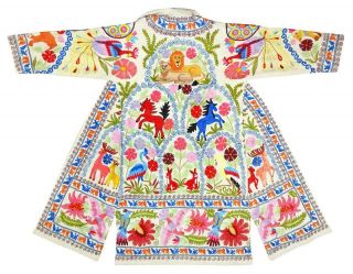 Rare Uzbek Fully Silk Embroidered Robe Jacket Chapan Coat Animal World A12776