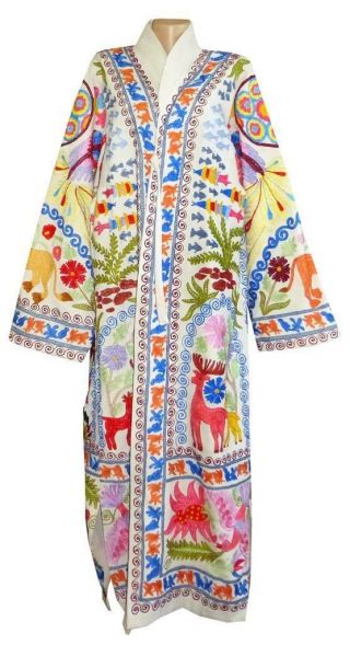 RARE UZBEK FULLY SILK EMBROIDERED ROBE JACKET CHAPAN COAT ANIMAL WORLD A12776 6