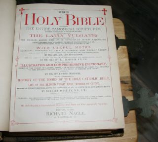 Large antique c1885 Catholic family Bible Douay Rheims clasps 8
