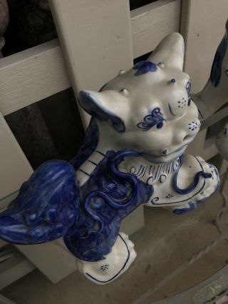 Large Pair Blue White Porcelain Foo Dogs Statues Asian Chinese Lions Feng Shui 5