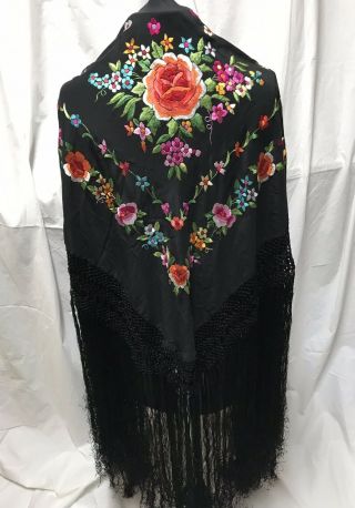 Antique Manila Shawl Embroidered Silk Spanish Canton Piano Embroidered Flower