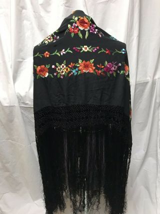 Antique Manila Shawl Embroidered Silk Spanish Canton Piano Embroidered Flower 3
