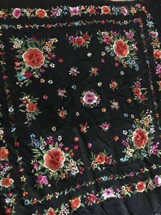 Antique Manila Shawl Embroidered Silk Spanish Canton Piano Embroidered Flower 5