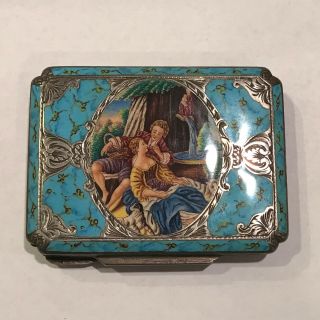 Antique Italian Silver Enamel Hand Painted Engraved Romantic Scene Box