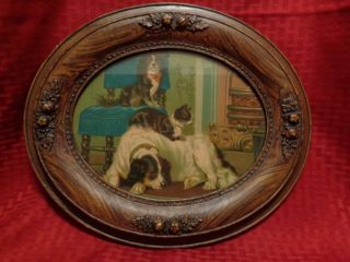 Antique Victorian Wood Frame Cavalier Charles Spaniels Dogs W Back