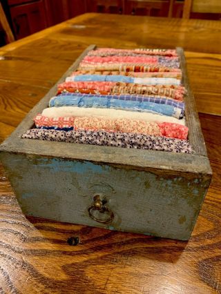 Old Dovetail Box Drawer W/ Traces Blue Paint Filled W/ Early Quilt Scraps