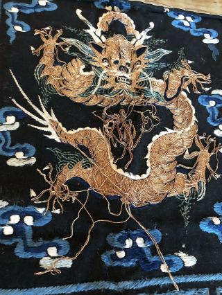 Antique Chinese Hand Embroidered Gold Thread DRAGON Banner Panel Wall Hanging 12