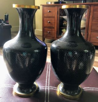 2 Pair Asian Cloisonné Brass & Enamel Black Snakeskin Design 9 “ Tall