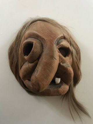 Switzerland Swiss Lotschental Antique Wooden Hand Carved Mask,  Real Hair/teeth