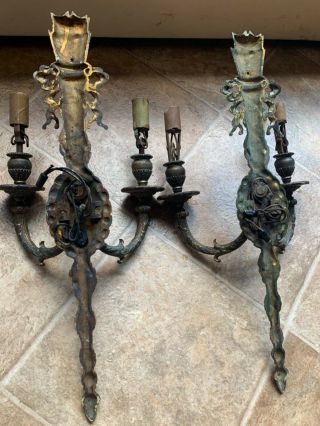 2 Vintage / Antique Victorian Cast Iron Gilded Wall Mount Sconce Light Fixtures 4