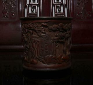 Old Chinese Carved Bamboo Brush Pot Wang Jichang Mk