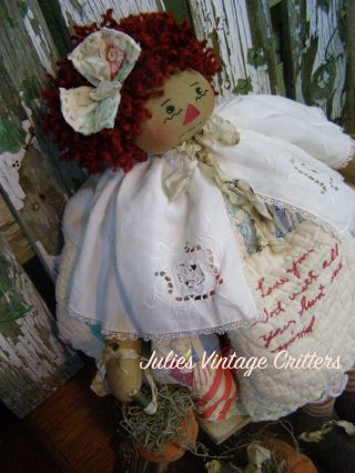 PRIMITIVE RAGGEDY ANNE,  ANTIQUE QUILT.  BIBLE VERSE.  FOLK ART RAGGEDY ANNE DOLL 10