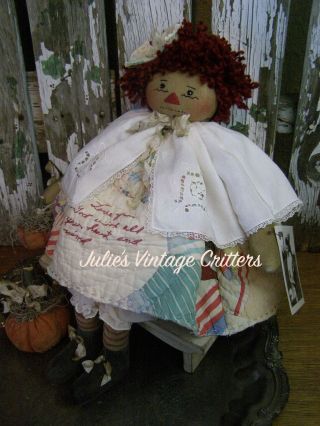 PRIMITIVE RAGGEDY ANNE,  ANTIQUE QUILT.  BIBLE VERSE.  FOLK ART RAGGEDY ANNE DOLL 12