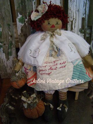 Primitive Raggedy Anne,  Antique Quilt.  Bible Verse.  Folk Art Raggedy Anne Doll