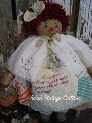 PRIMITIVE RAGGEDY ANNE,  ANTIQUE QUILT.  BIBLE VERSE.  FOLK ART RAGGEDY ANNE DOLL 5