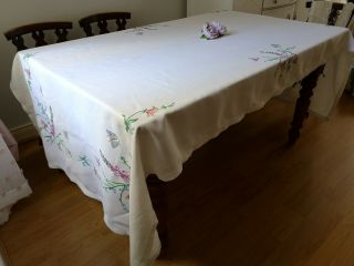 HUGE EXQUISITE VTG HAND EMBROIDERED LINEN TABLECLOTH BUTTERFLIES FOXGLOVES 11