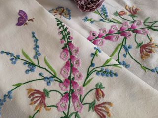 Huge Exquisite Vtg Hand Embroidered Linen Tablecloth Butterflies Foxgloves