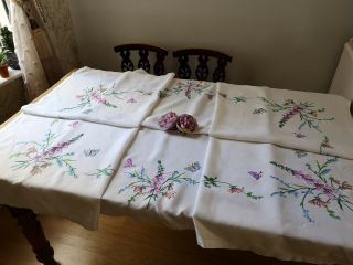 HUGE EXQUISITE VTG HAND EMBROIDERED LINEN TABLECLOTH BUTTERFLIES FOXGLOVES 3