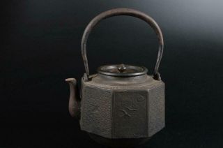 S4729: Japan Xf Old Iron Tea Kettle Teapot Tetsubin,  Ryubun - Do Made W/copper Lid