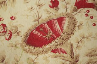 Floral Fabric Antique Pillement design French textile cotton red & neutral tones 11