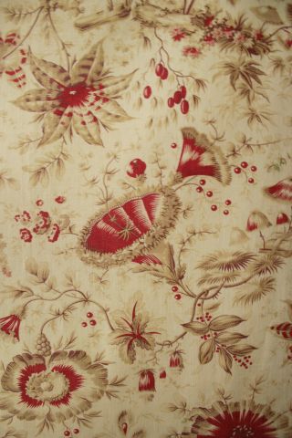Floral Fabric Antique Pillement Design French Textile Cotton Red & Neutral Tones