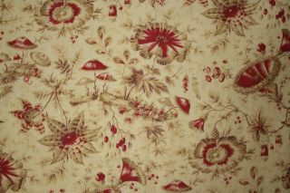Floral Fabric Antique Pillement design French textile cotton red & neutral tones 2