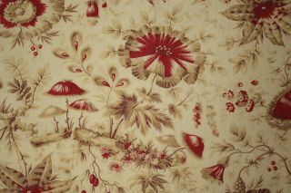 Floral Fabric Antique Pillement design French textile cotton red & neutral tones 4