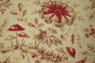 Floral Fabric Antique Pillement design French textile cotton red & neutral tones 6