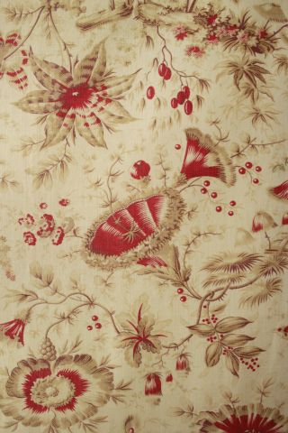 Floral Fabric Antique Pillement design French textile cotton red & neutral tones 9