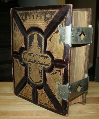 Huge Antique C1885 Family Parallel Holy Bible Illustrated Brass Clasps