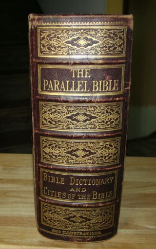 HUGE antique c1885 family Parallel Holy Bible Illustrated Brass clasps 3