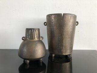 Pair Studio Ceramic Vessels Signed - Rust Gold - Studio Art Vase Pottery 0998
