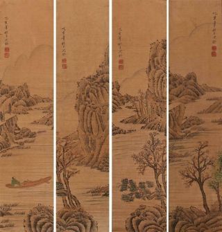 Four Chinese Old Shen Quan Scroll Painting Landscape 35.  43”