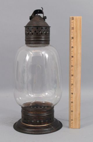 Antique Early 19thc Star Pierced Tin Hand Blown Glass Whale Oil Lantern,  Nr