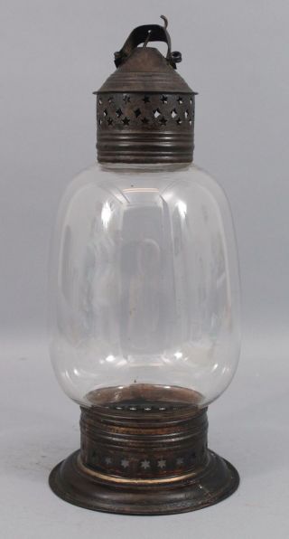 Antique Early 19thC Star Pierced Tin Hand Blown Glass Whale Oil Lantern,  NR 3