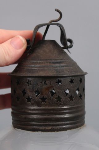 Antique Early 19thC Star Pierced Tin Hand Blown Glass Whale Oil Lantern,  NR 4