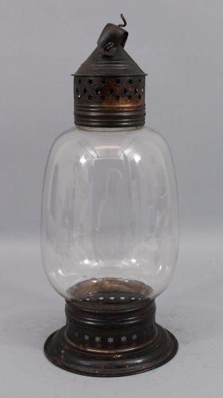 Antique Early 19thC Star Pierced Tin Hand Blown Glass Whale Oil Lantern,  NR 7