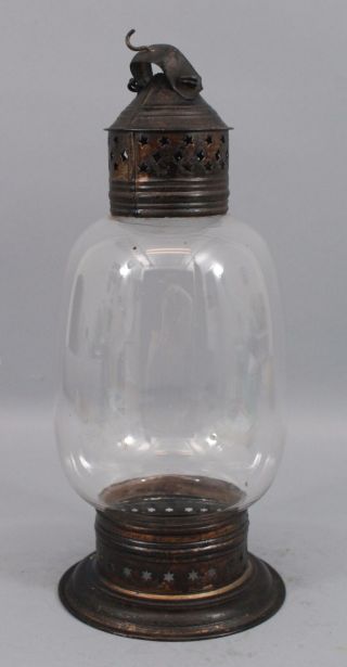 Antique Early 19thC Star Pierced Tin Hand Blown Glass Whale Oil Lantern,  NR 8