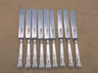 Nine 1929 Kings Pattern English Sterling Crested Armorial 9 1/8 " Knives