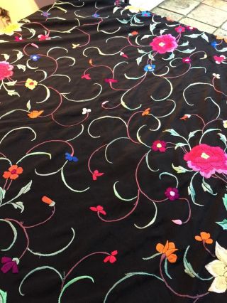 ANTIQUE 1920 - 30s BRIGHTLY EMBROIDERED BLACK PIANO SHAWL LONG KNOTTED 17 