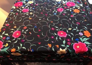 ANTIQUE 1920 - 30s BRIGHTLY EMBROIDERED BLACK PIANO SHAWL LONG KNOTTED 17 