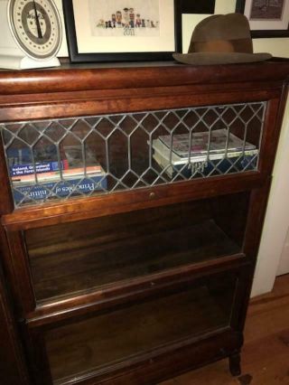 Antique Vintage 3 Stack Barrister Bookcase With Drawer And Top Leaded Glass