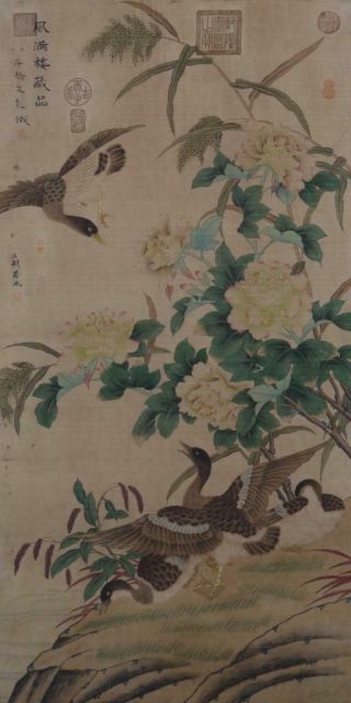 Chinese Old Wang Yuan Scroll Painting Scroll Flower&bird 81.  5”