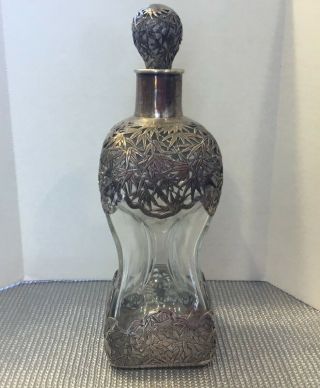 Antique Chinese Export Wang Hing Sterling Silver Bamboo Overlay Pinched Decanter
