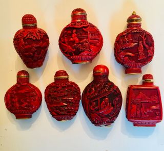 Seven Chinese Composition " Cinnabar " Snuff Bottles