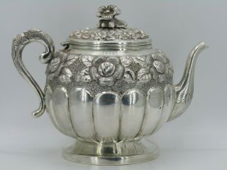 Antique J.  Vigueras Floral Repoussee Sterling Silver Teapot Made In Mexico
