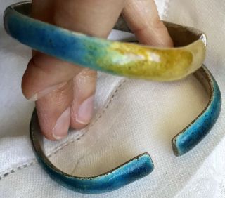 Pair Chinese Antique Silver Rare Ombre Enamel Bangles Wedding Bracelets Stamped
