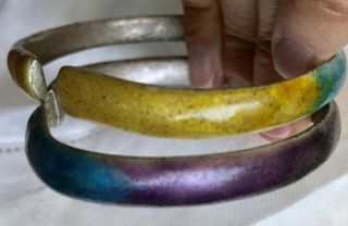 Pair Chinese Antique Silver Rare Ombre Enamel Bangles Wedding Bracelets Stamped 2