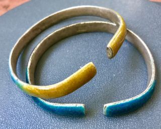 Pair Chinese Antique Silver Rare Ombre Enamel Bangles Wedding Bracelets Stamped 3